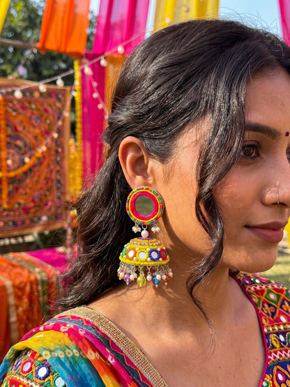 Rangili Yellow Mirror Handmade Beaded Jhumka Earrings