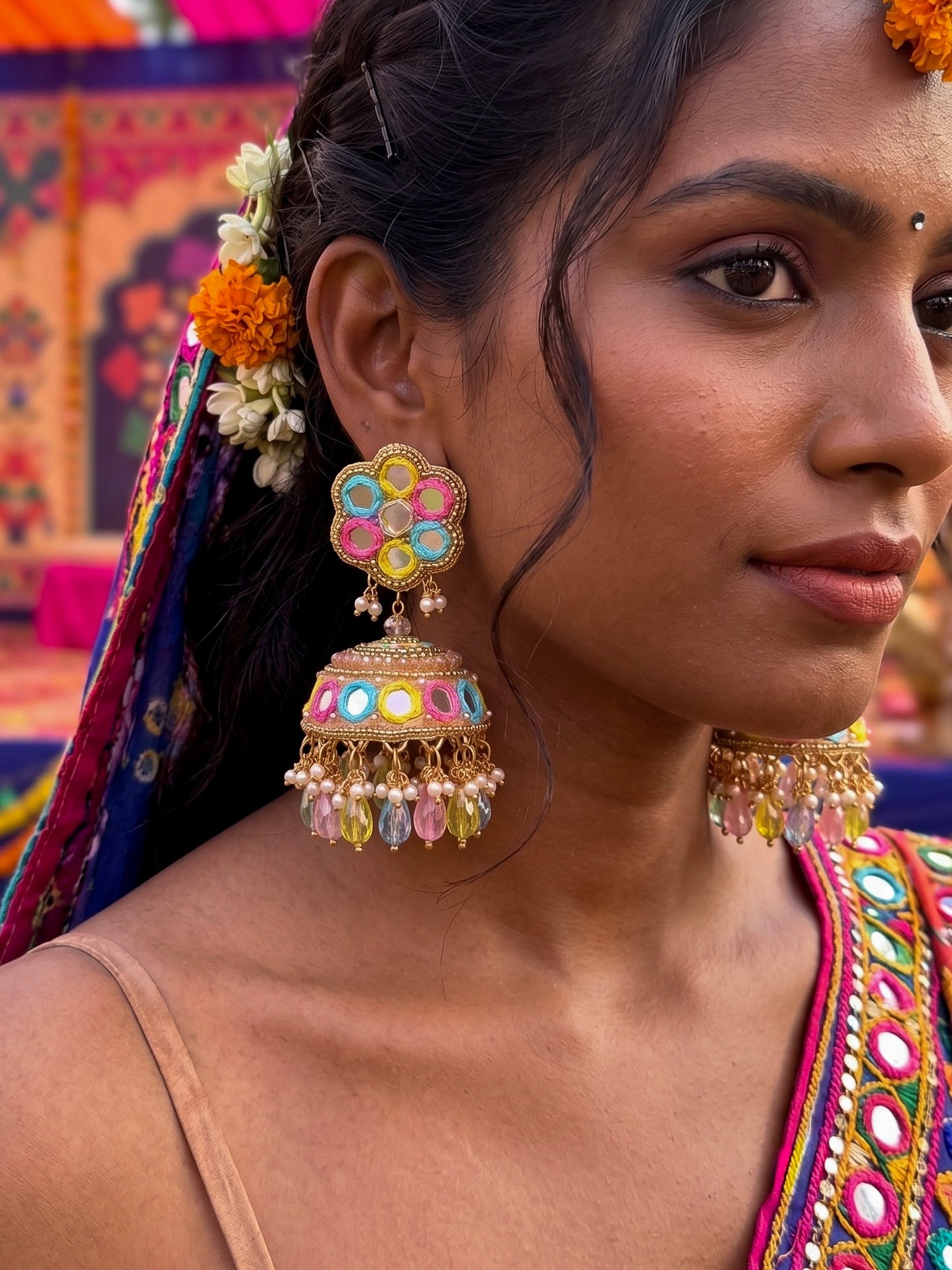 Phuljhadi Yellow Pink Blue Mirror Handmade Beaded Jhumka Earrings