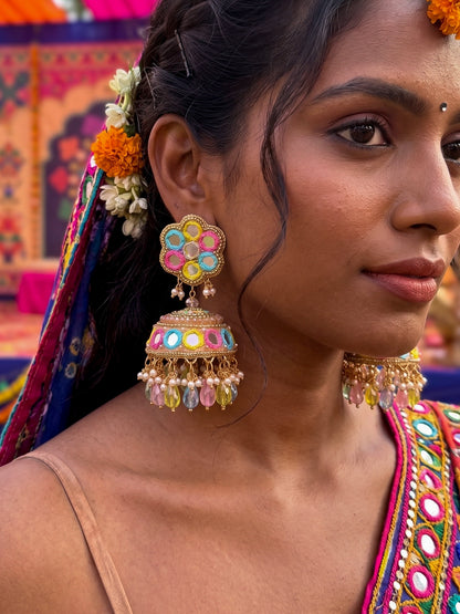Phuljhadi Yellow Pink Blue Mirror Handmade Beaded Jhumka Earrings