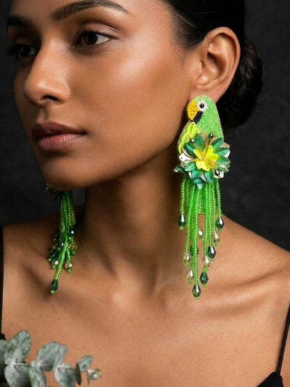 Luxe Paradise Green Parrot Earrings Handmade Beaded Bird Earrings