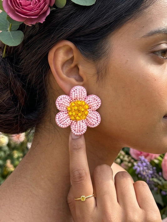 Blush Pink Daisy Stud Handmade Beaded Flower Earrings