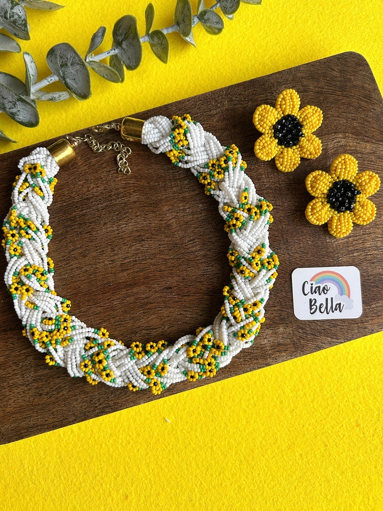 Luxe Flora Sunflower Handmade Beaded Necklace + Earrings Set