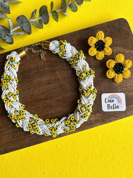 Luxe Flora Sunflower Handmade Beaded Necklace + Earrings Set
