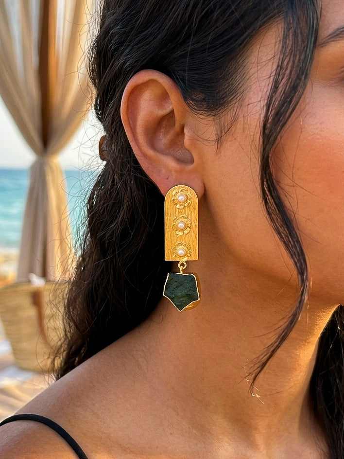 Flora Royale – Green Emerald Handmade Brass Earrings