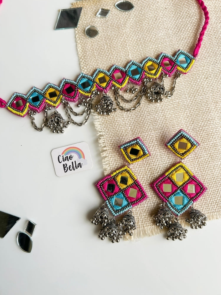 Rangrez Mirror Handmade Beaded Necklace & Earrings Set