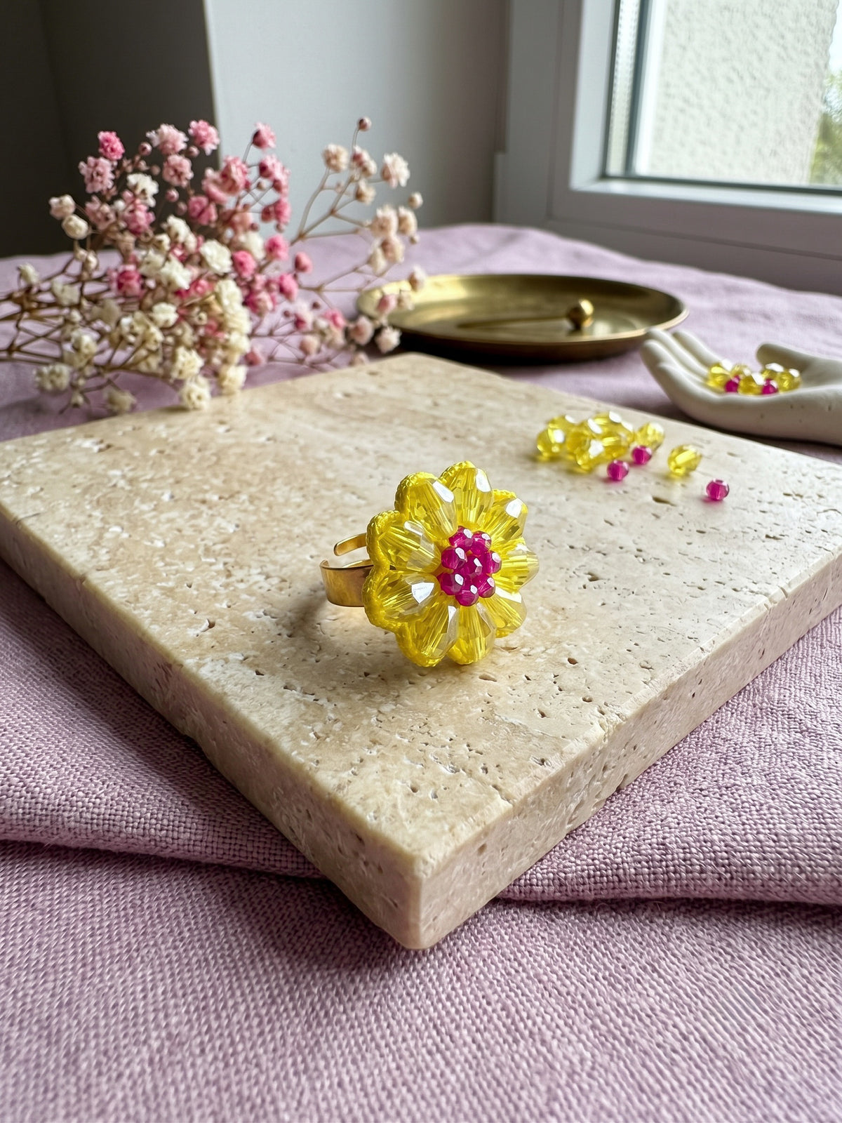 Sparkling Daisy Yellow Pink Handmade Beaded Flower Ring