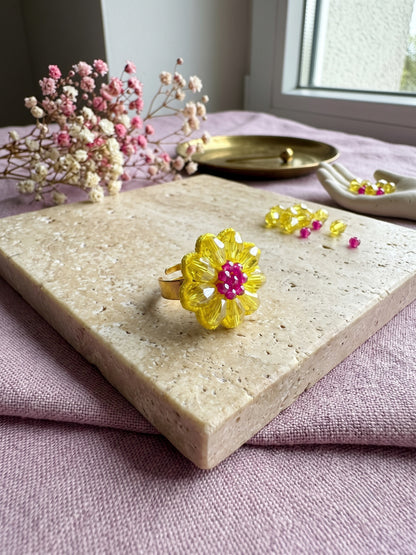 Sparkling Daisy Yellow Pink Handmade Beaded Flower Ring