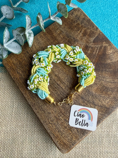 Luxe Flora Light Blue Yellow Handmade Beaded Bracelet