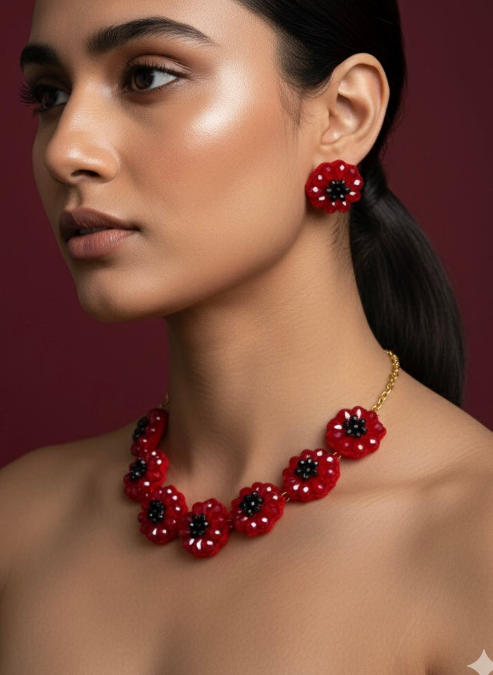 Sparkling Red Daisy Handmade Beaded Necklace + Earrings Set