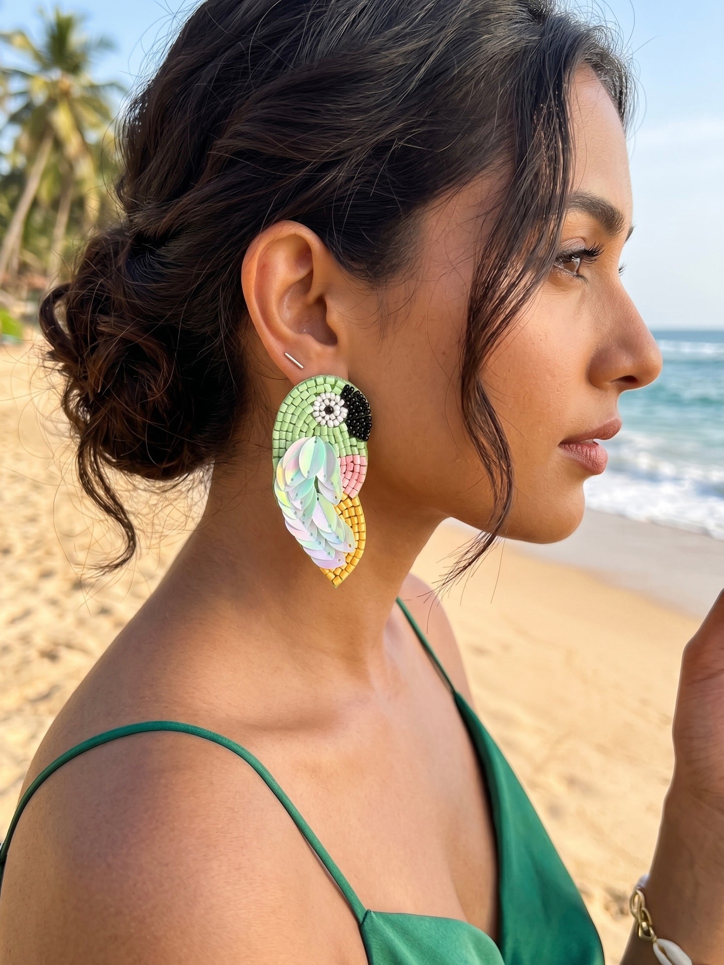 Green Parrot Handmade Beaded Bird Earrings