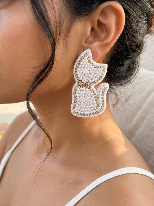 Snow White Cat Handmade Beaded Earrings