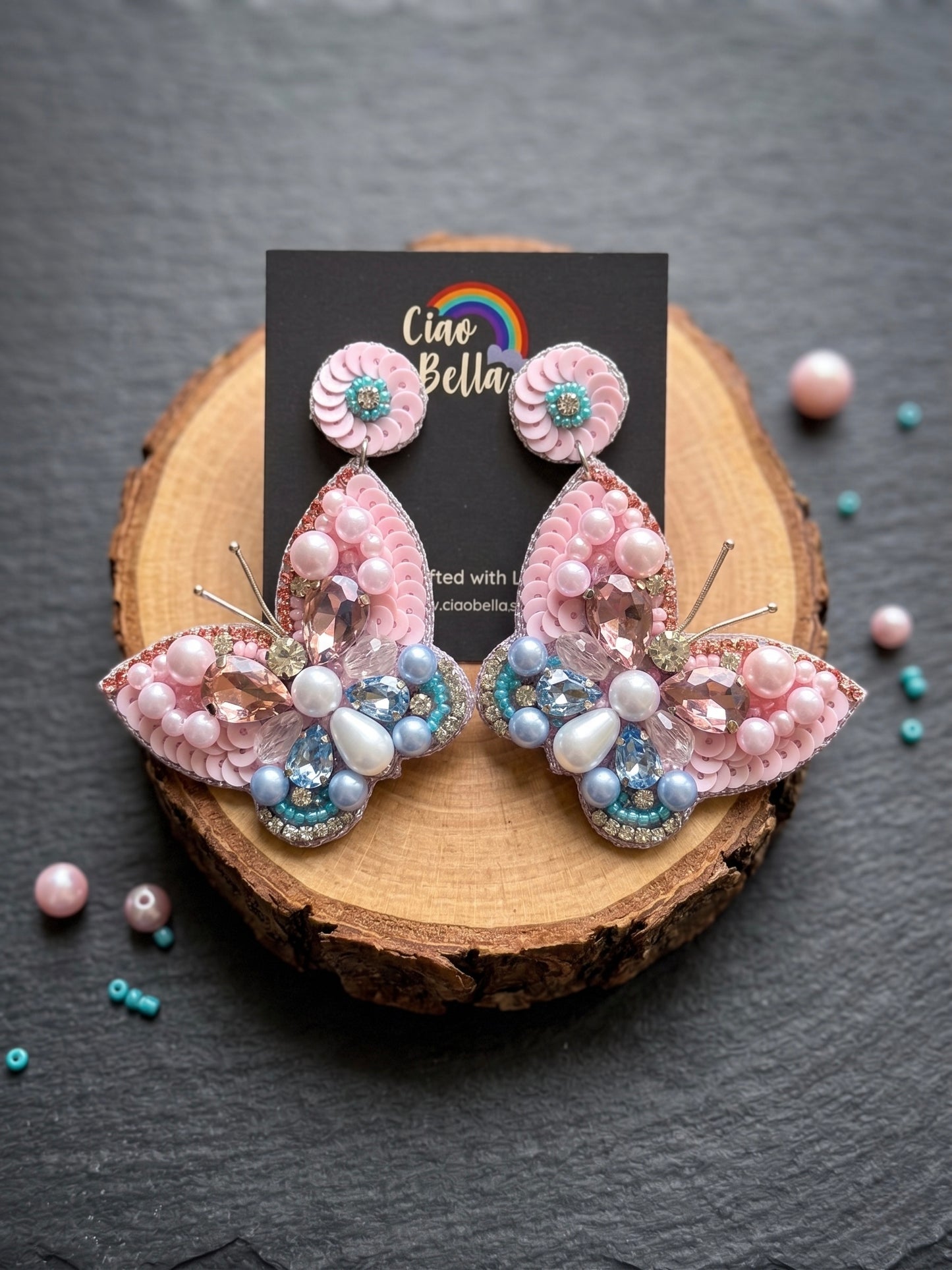 Luxe Crystal Blush Pink & Blue Handmade Beaded Butterfly Earrings