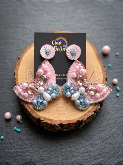 Luxe Crystal Blush Pink & Blue Handmade Beaded Butterfly Earrings