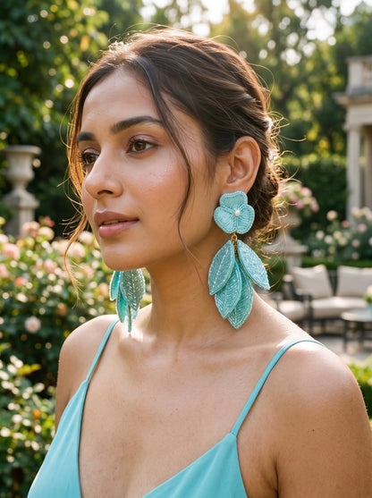 Luxe Leafy Affair Aqua Blue Handmade Beaded Earrings