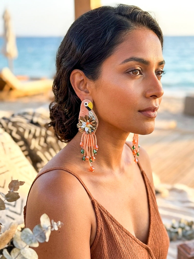 Luxe Paradise Peach Orange Parrot Handmade Beaded Bird Earrings