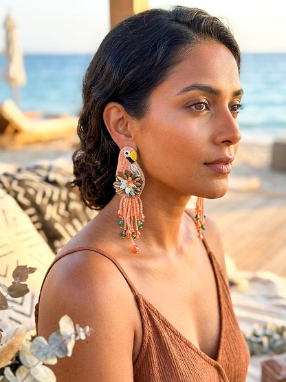 Luxe Paradise Peach Orange Parrot Handmade Beaded Bird Earrings