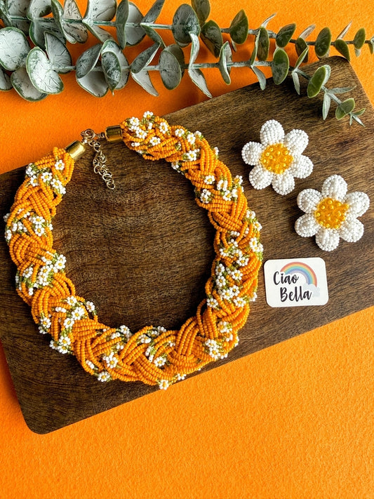 Luxe Flora Orange Handmade Beaded Necklace + Earrings Set
