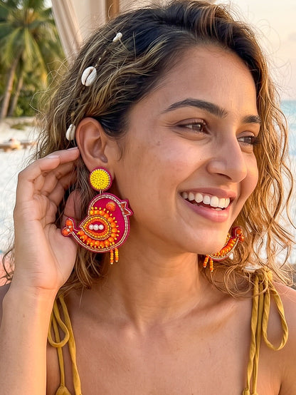 Chirpy Birdie Pink Orange Handmade Beaded Earrings