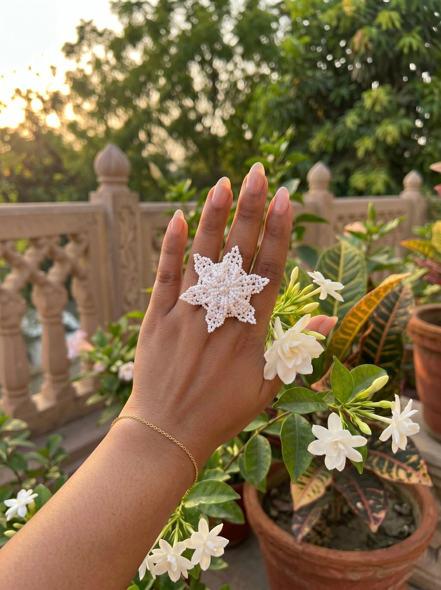 Snow White Delicate Snowflake 3D Crochet Handmade Beaded Ring