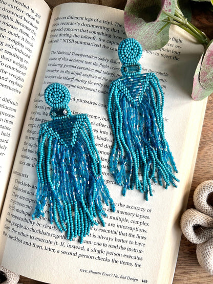 Tropical Teal Handmade Beaded Tassel Earrings