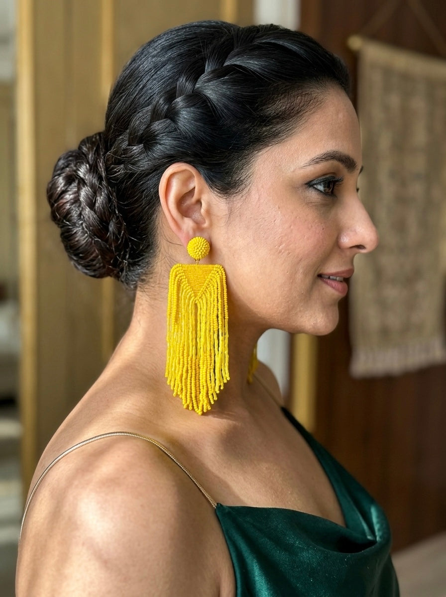 Luxe Sunny Yellow Handmade Beaded Tassel Earrings