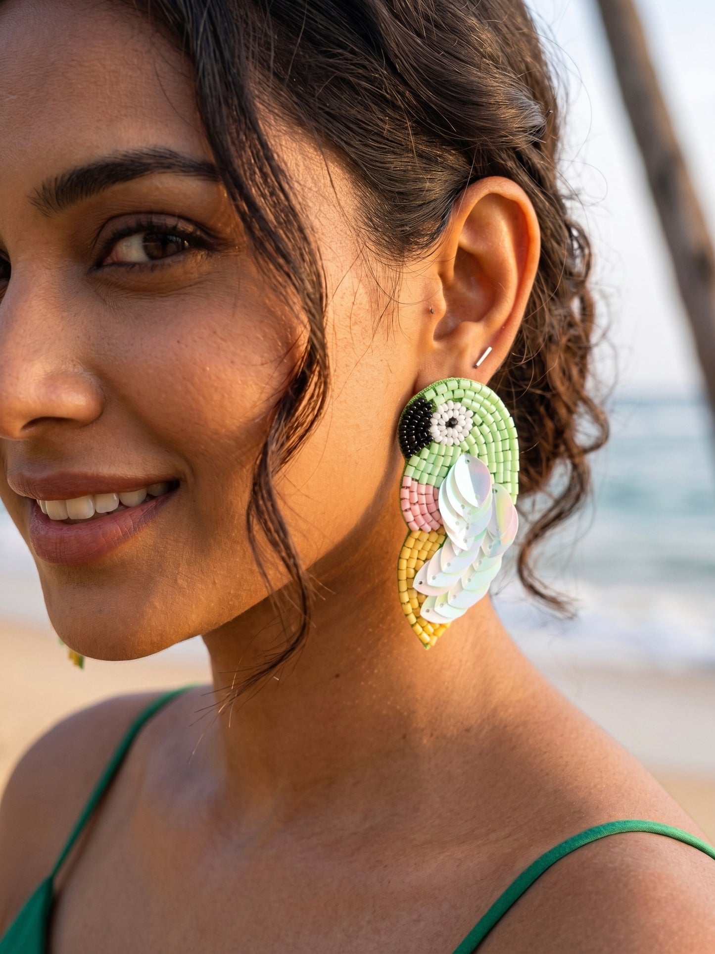 Green Parrot Handmade Beaded Bird Earrings