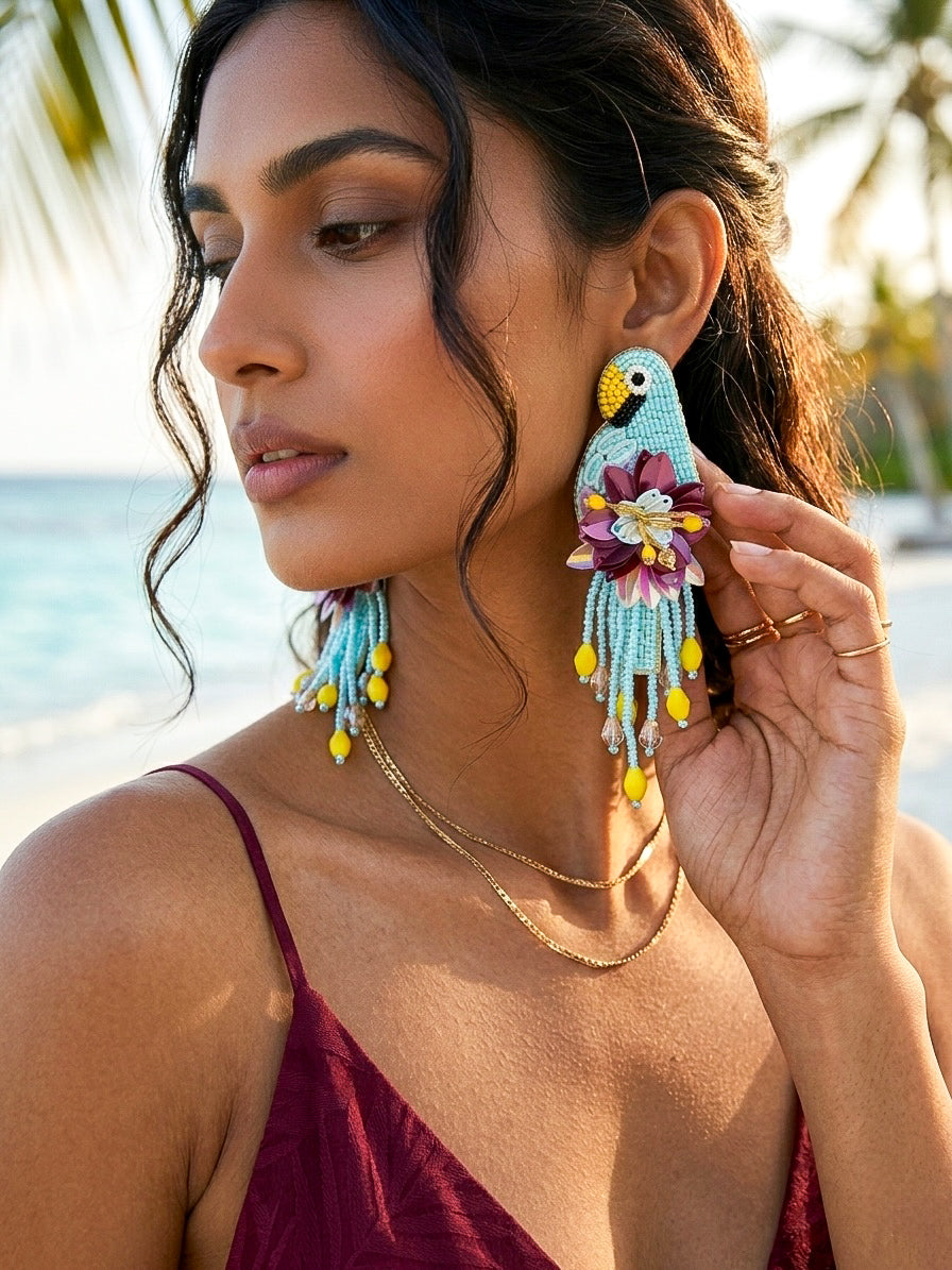 Luxe Paradise Aqua Blue Parrot Handmade Beaded Bird Earrings