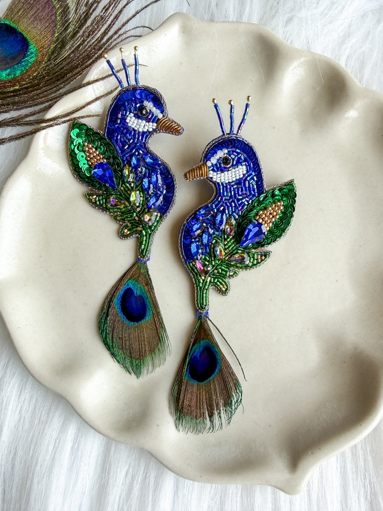 Regal Peacock Blue Green Handmade Beaded Bird Earrings