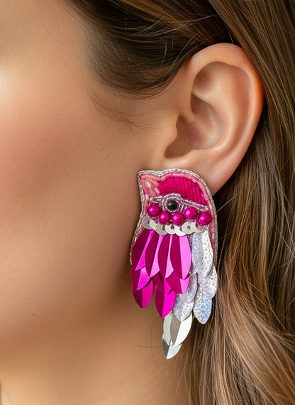 Chirpy Blush Pink Parrot Handmade Beaded Bird Earrings