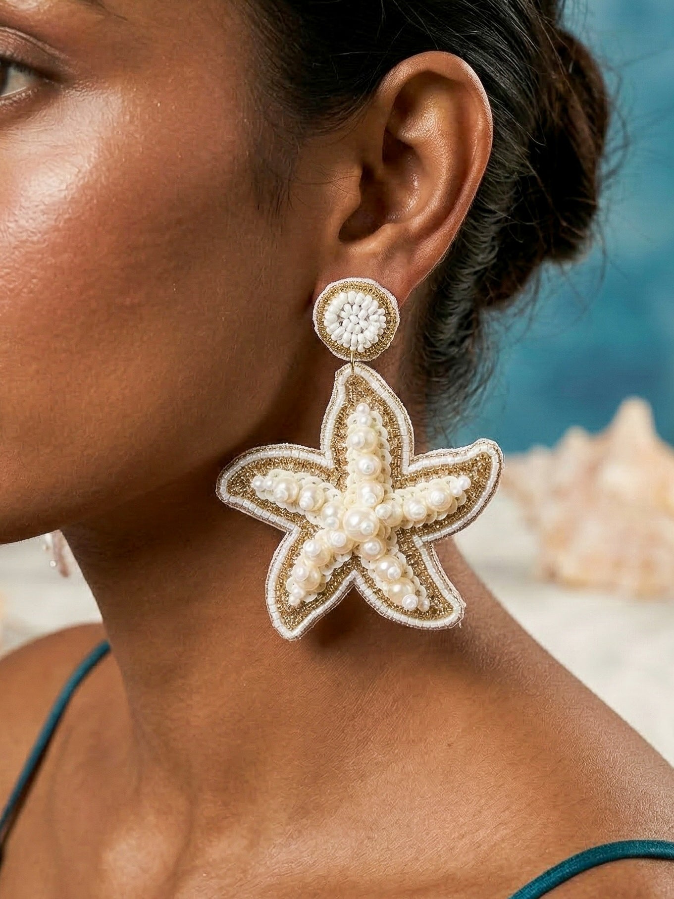 Ivory Pearl Glam Starfish Handmade Beaded Earrings