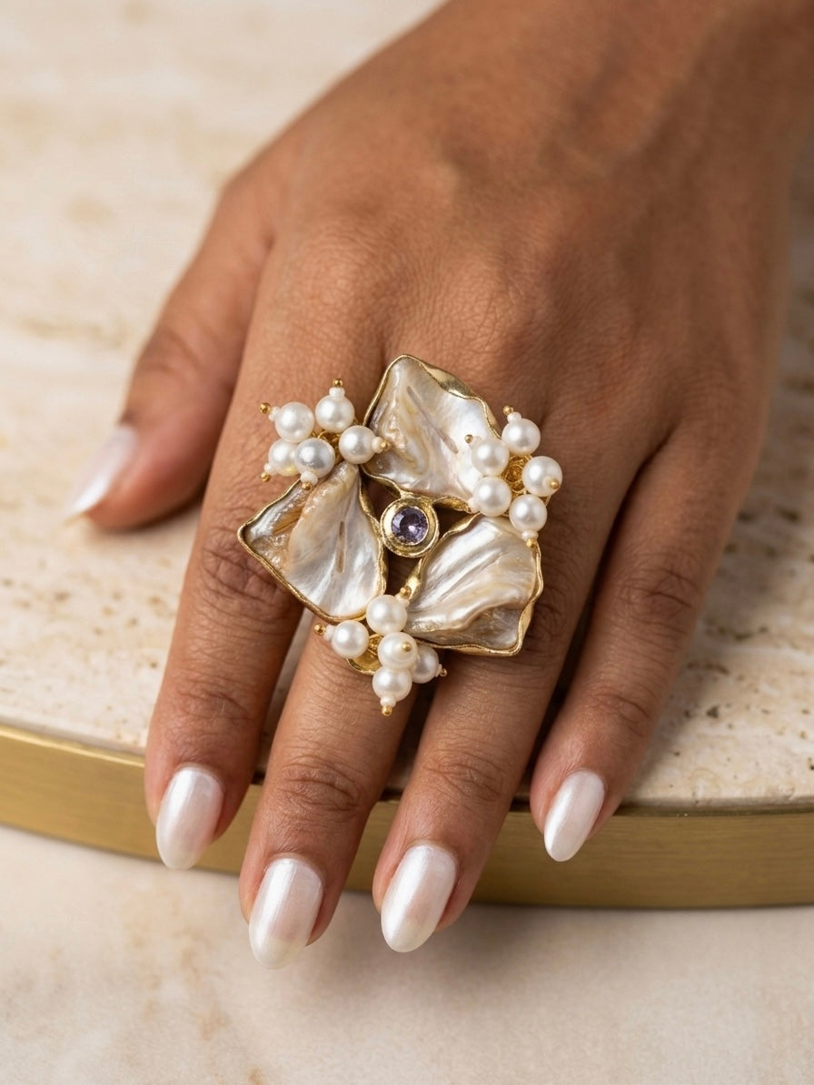 Mother of Pearl Kundan Handmade Brass Ring