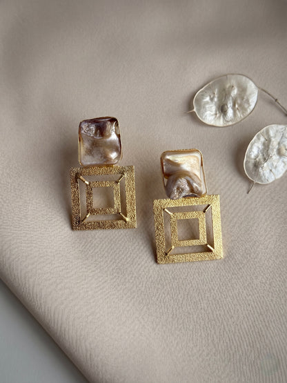 Framed in Gold Mother Of Pearl Handmade Brass Earrings