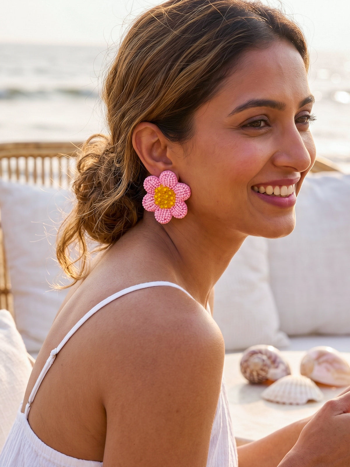 Blush Pink Daisy Stud Handmade Beaded Flower Earrings