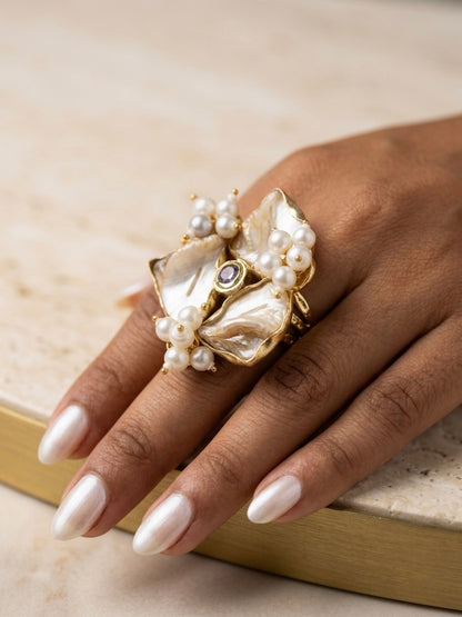 Mother of Pearl Kundan Handmade Brass Ring