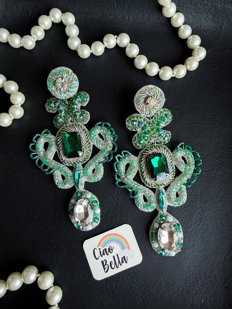 Aashna Silver Green Handmade Beaded Statement Earrings