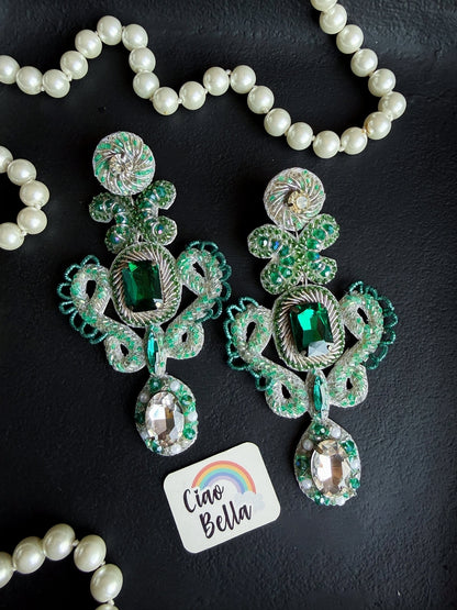 Aashna Silver Green Handmade Beaded Statement Earrings