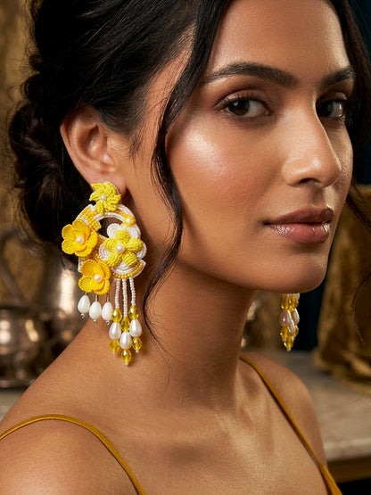 Golden Yellow Tulip 3D Flower Statement Handmade Beaded Earrings