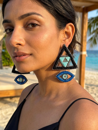 Electric Black & Blue Evil Eye Handmade Beaded Earrings
