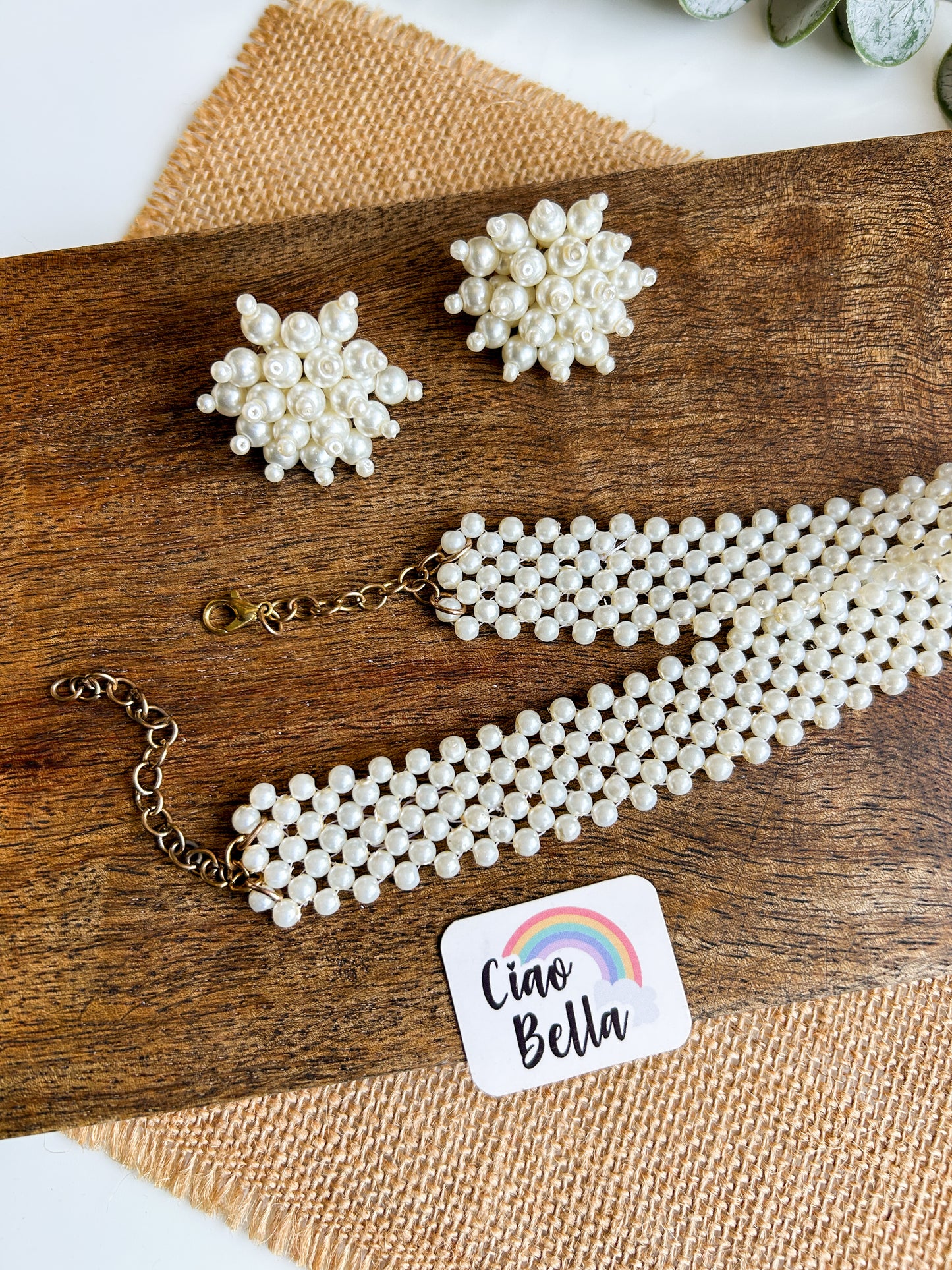 Ira Pearl Handmade Choker Necklace + Earrings Set