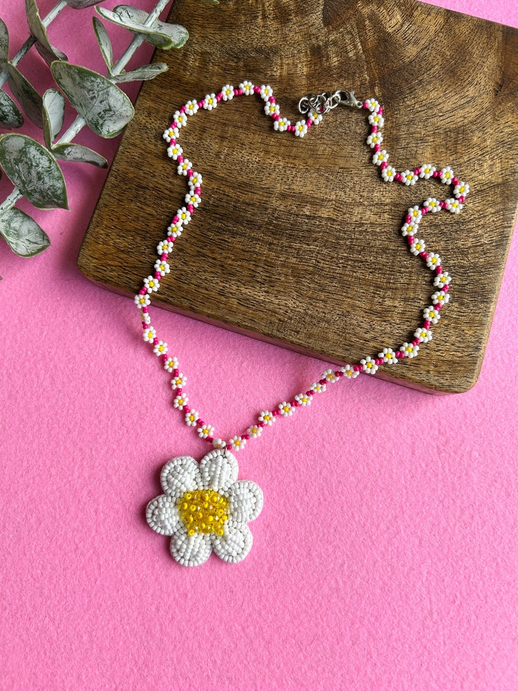 Spring Bloom Pink White Daisy Handmade Beaded Necklace