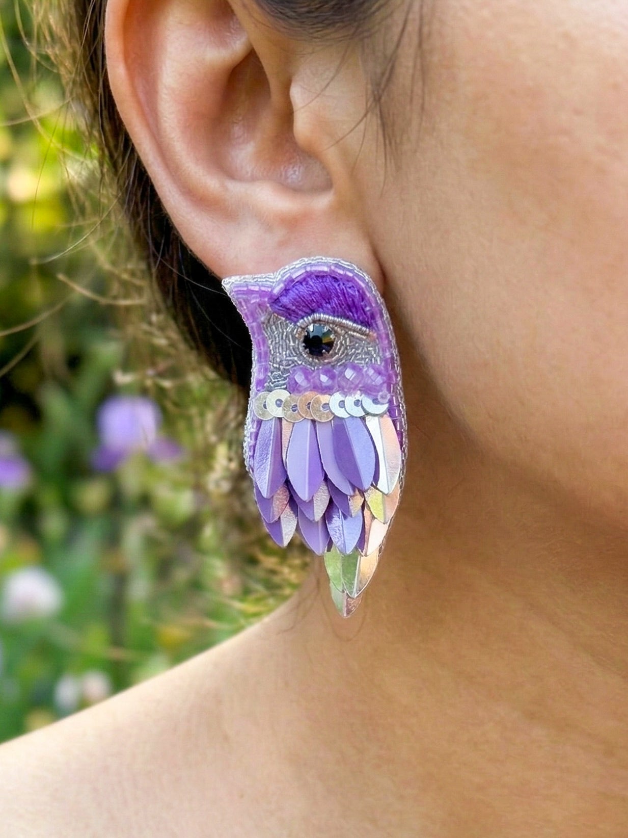 Chirpy Lilac Purple Parrot Handmade Beaded Bird Earrings