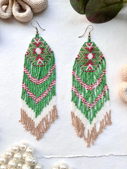 Long Jade Bohemian Handmade Beaded Tassel Earrings