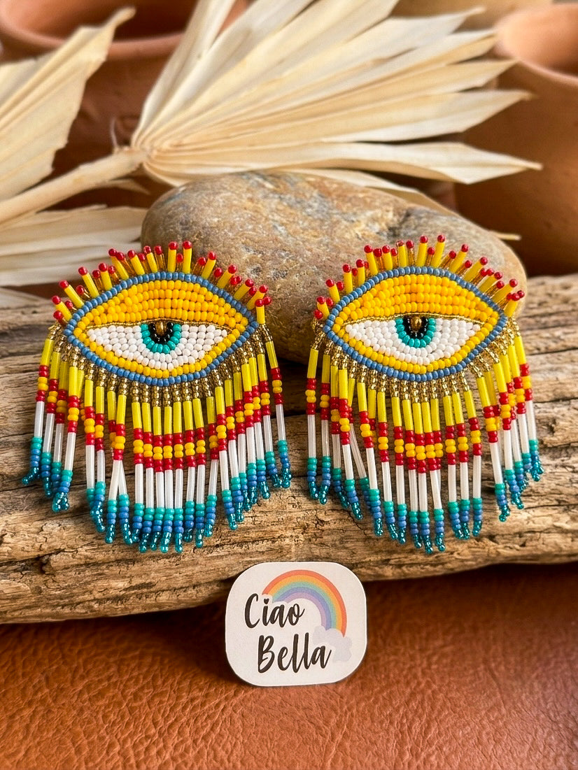 Golden Gaze Yellow Pink Evil Eye Handmade Beaded Tassel Earrings