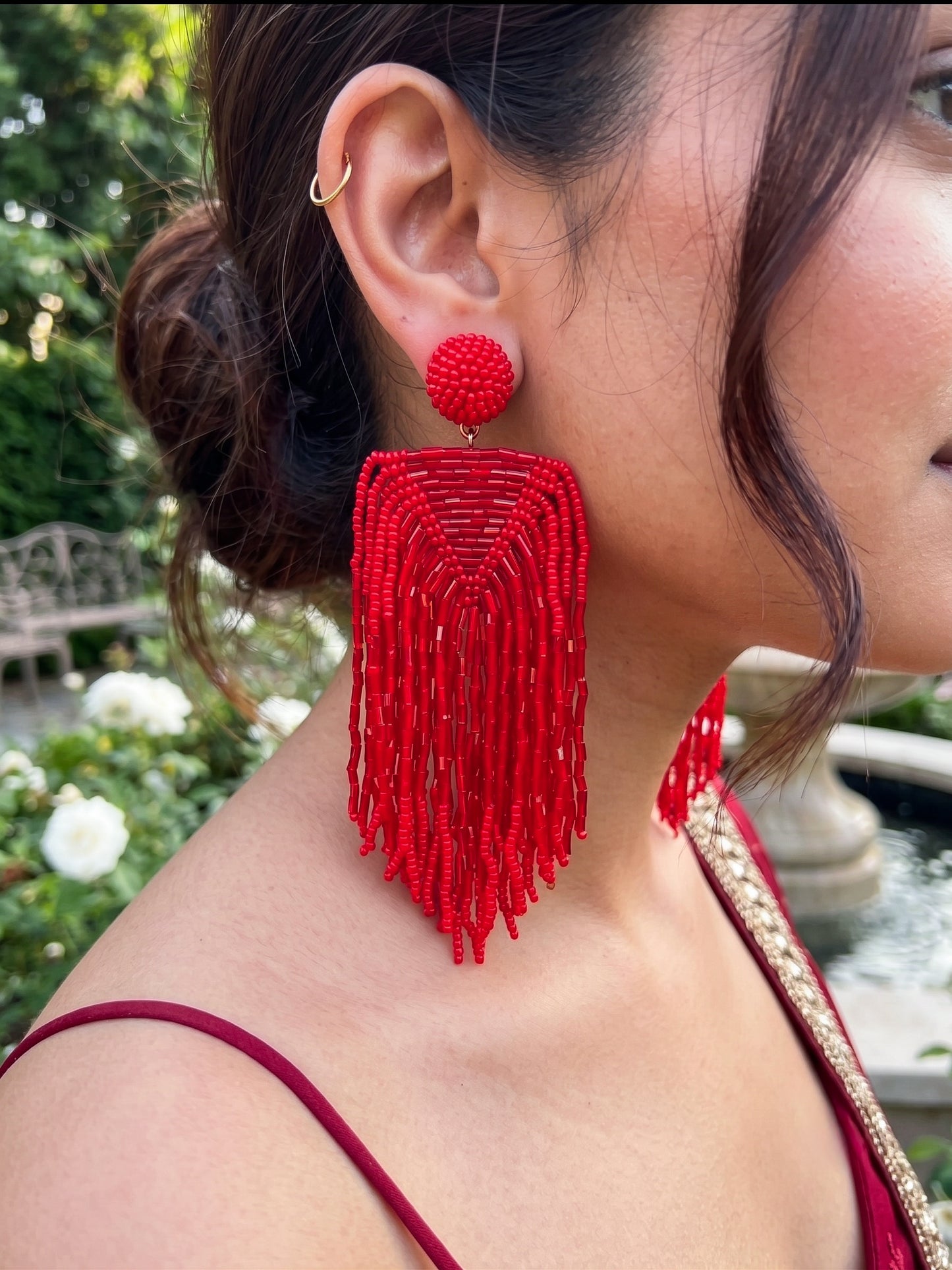Luxe Crimson Red Handmade Beaded Tassel Earrings