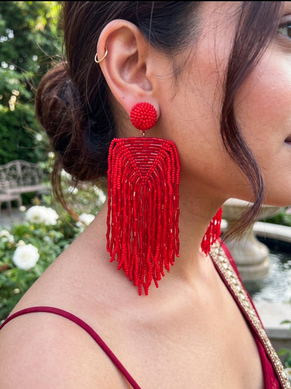 Luxe Crimson Red Handmade Beaded Tassel Earrings