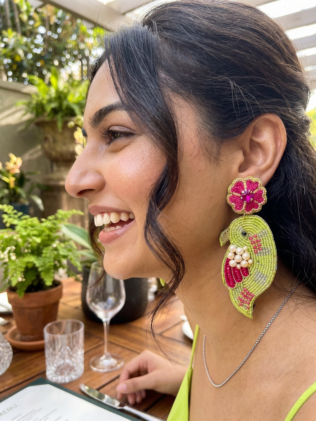 Blooming Birdie Lime Green Pink Handmade Beaded Earrings