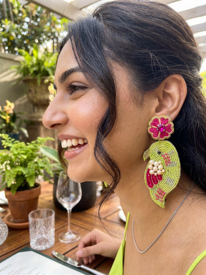 Blooming Birdie Lime Green Pink Handmade Beaded Earrings