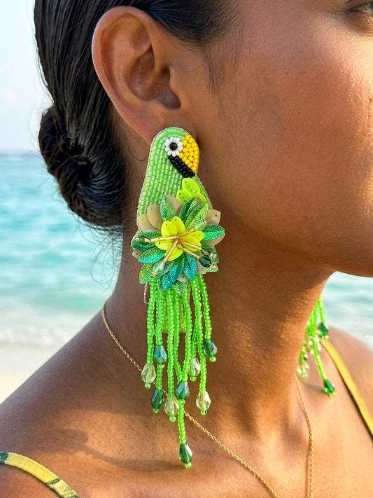 Luxe Paradise Green Parrot Handmade Beaded Bird Earrings