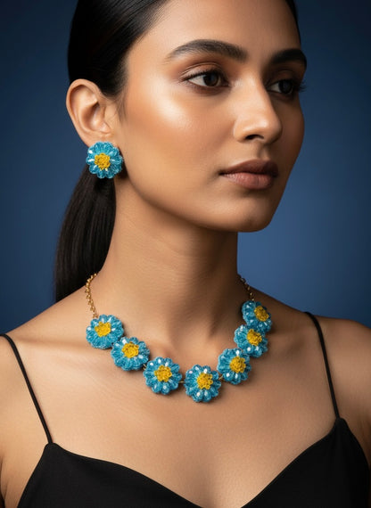 Sparkling Aqua Blue Daisy Handmade Beaded Necklace + Earrings Set