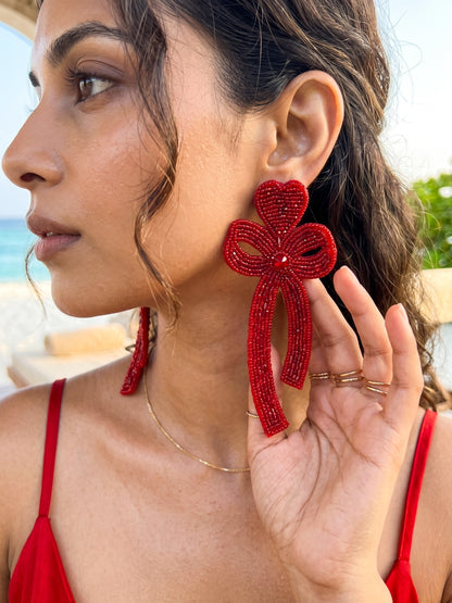 Glam Bow (Deep Red) Handmade Beaded Earrings